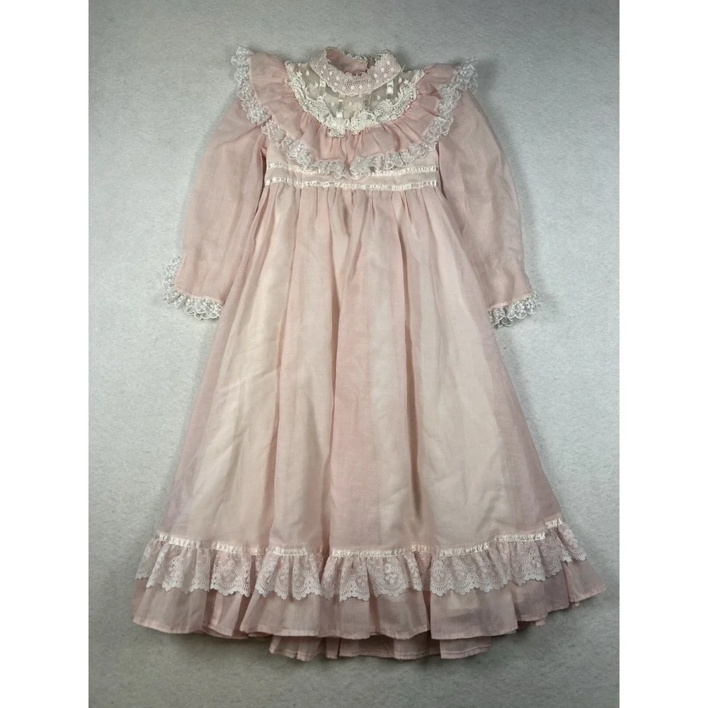 VTG 70's/ 80's Jeunes Filles GUNNE SAX Pink Lace Trim Dress Girls Size 5 - Picture 1 of 16